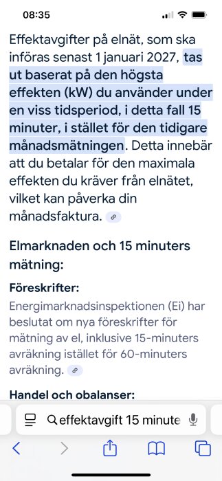 Text om nya effektavgifter på elnät, baserat på högsta effekten kW under 15 minuter, som ska införas 1 januari 2027.