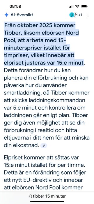Textmeddelande om att Tibber och Nord Pool övergår till 15-minuterspriser för el från oktober 2025, istället för timpriser.