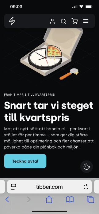 Illustration av en pizza som delas upp i kvartstimmar i en kartong, med en text om övergång till kvartstimmepriser från Tibber.
