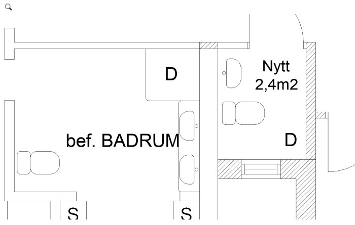 Planritning av två badrum, ett befintligt och ett nytt 2,4 m2, med duschhörna markerad som "D" i båda rummen.