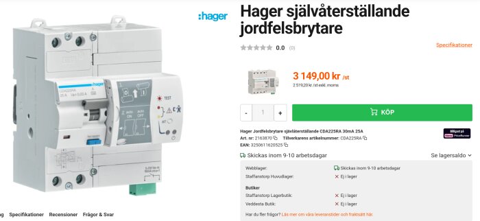 Hager självläkande jordfelsbrytare CDA225RA 30mA, visas med pris 3149 kr och detaljerad produktinformation.