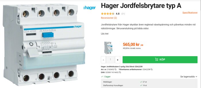 Hager jordfelsbrytare typ A, modell CDA 425R, visas med specifikationer och priset 565,00 kr på en webbplats.
