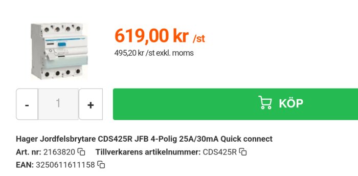 Hager jordfelsbrytare CDS425R JFB 4-polig 25A/30mA Quick connect, pris 619 kr/st. Art.nr: 2163820, EAN: 3250611611158.