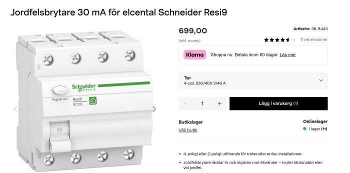 Jordfelsbrytare Schneider Resi9 30 mA för elcentral, 4-pol, 230/400 V/40 A, pris 699 kr, artikelnummer 36-8443, med betyg och köpknapp.