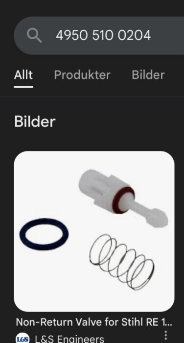 Delar till en ej returventil, inklusive ventil, o-ring och fjäder, visade på en bild i en sökmotor.