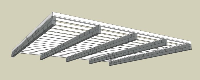 3D-modell av byggkonstruktion med tegelblock och träbjälkar i ett tak.