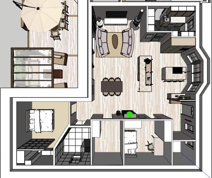 Planlösning av ett hus med möblerade rum. Grön prick i taket indikerar plats för utblås med flerriktad luftflöde i ett öppet vardagsrum.