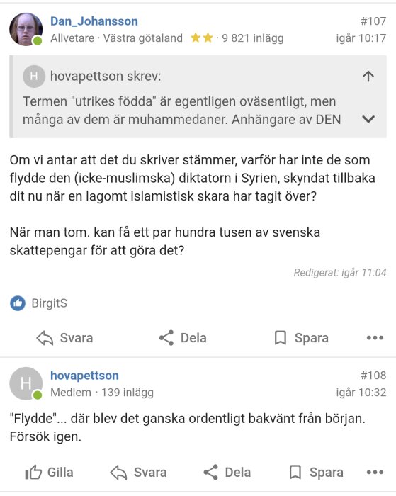 En forumdiskussion om begreppet "utrikes födda" med inlägg som diskuterar Syrien och flyktingars återvändo.