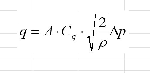 Formel för flöde: q = A · Cq · √(2Δp/ρ) med variabler för område A och tryckdifferens Δp över densiteten ρ.