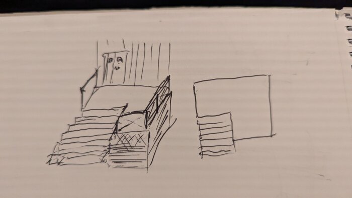 Skiss av trappa och altan; vänster sida visar trappa med räcke och dörr, höger sida visar topplan av förändring med smalare trappa och större altanyta.