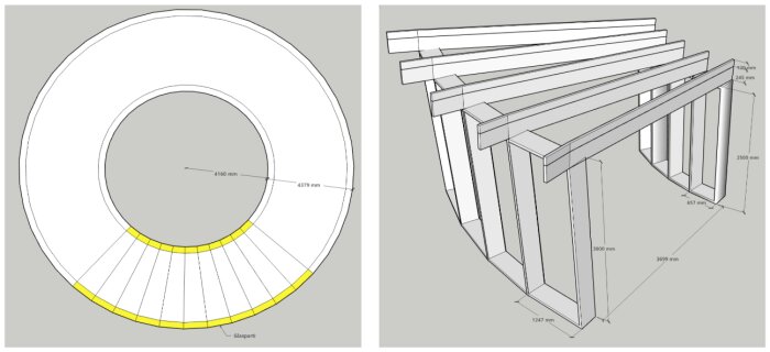 Principskiss av ett runt hus med glasparti, låglutande pulpettak och måttangivelser. Vänster: top down vy. Höger: struktur och stolpar i 3D.