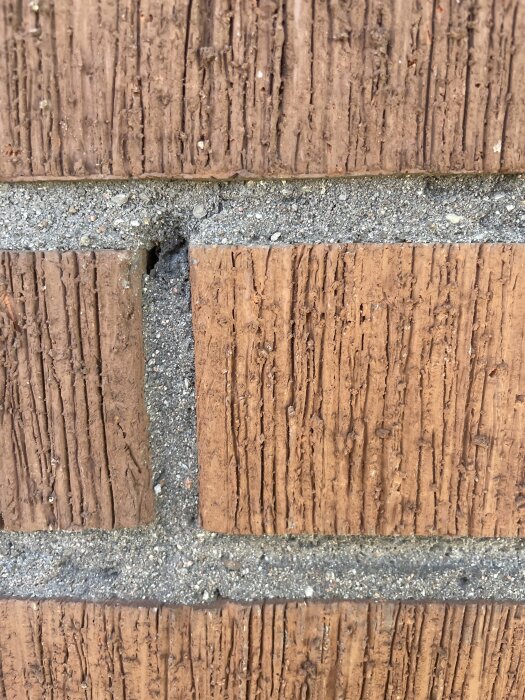 Närbild av tegelfasad med en spricka i en fog mellan tegelstenarna.