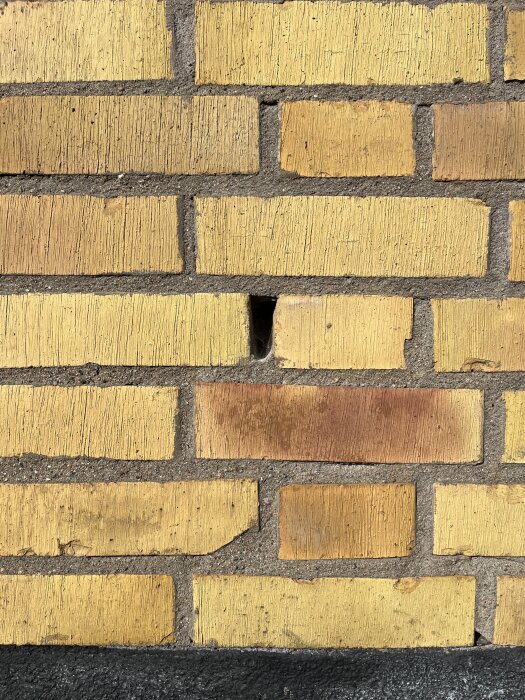 Gul tegelvägg med en del skadade fogar och ett vertikalt hål för ventilation.