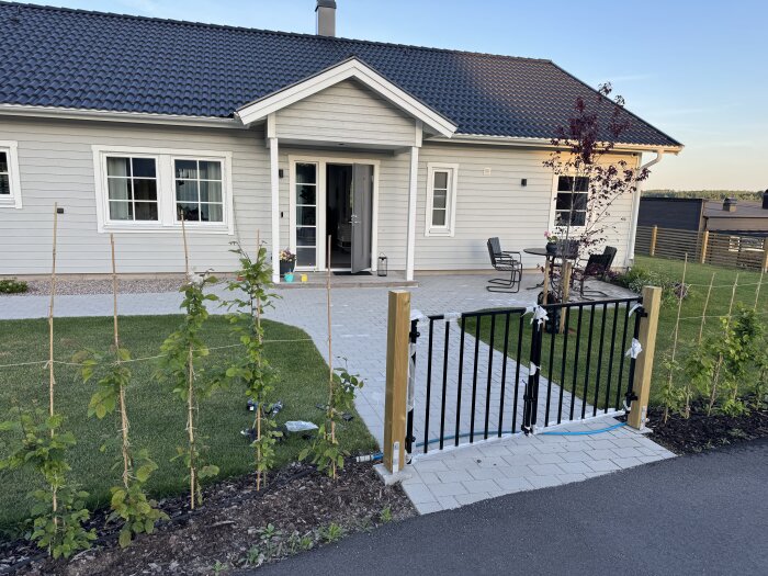 Svart dubbelgrind vid en gångväg leder till ett ljusgrått hus. Spaljéer med växter på vänster sida av grinden.