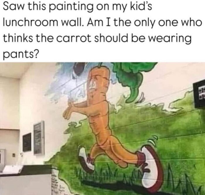 En målning på en vägg visar en tecknad morot som springer med armarna utsträckta, iförd stora vita skor. Frågan ställs om moroten borde bära byxor.