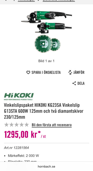 Vinkelslipspaket HiKOKI KG23SA med två diamantskivor, 600W, 125mm. Perfekt för hemmabruk.