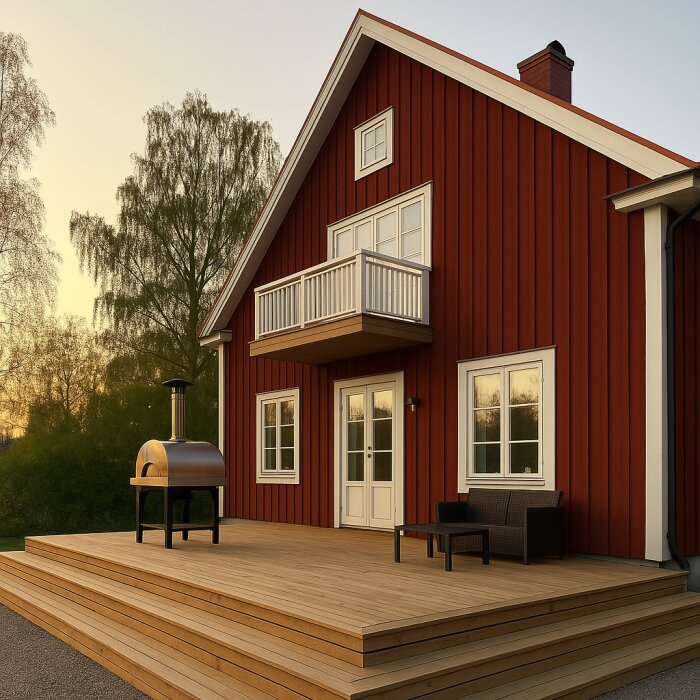 Röd villa med stor altan och vedugn, vy i solnedgång. Perfekt för att diskutera altan- och utemöbelbyggnation.