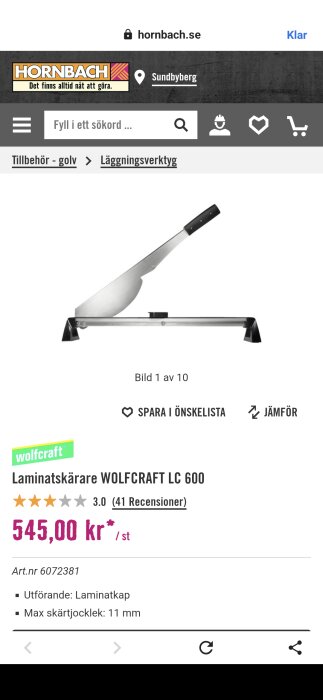 Laminatskärare Wolfcraft LC 600 med svart handtag, visas på vit bakgrund. Produkt finns på Hornbachs hemsida med pris och betyg.