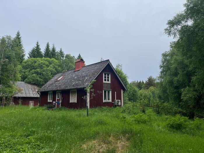 Rött torp med gammalt svart tak i behov av renovering, omgiven av grönska och skog.