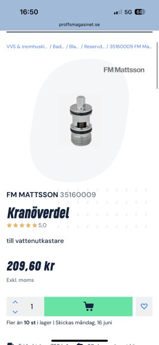 Bild av en FM Mattsson kranöverdel, modell 35160009, avsedd för vattenutkastare, marknadsförd på Proffsmagasinets webbplats.