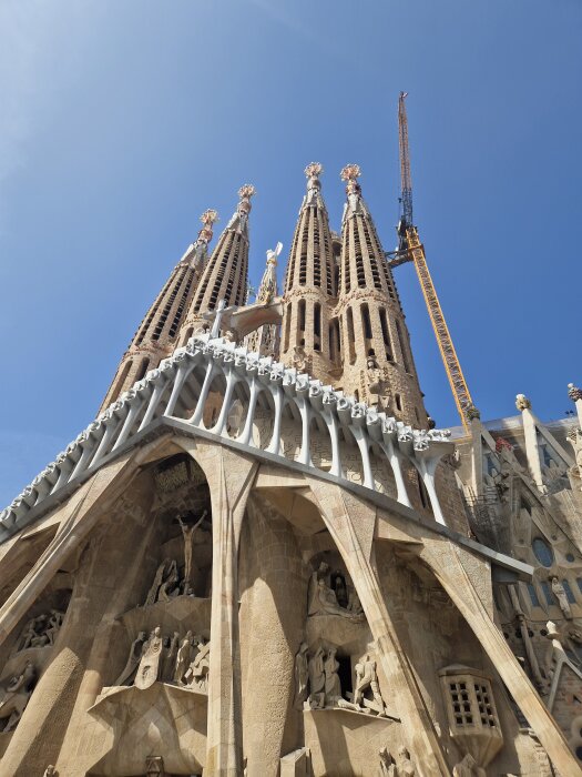 Basilikan Sagrada Família i Barcelona, med flera torn och en byggkran under klarblå himmel.