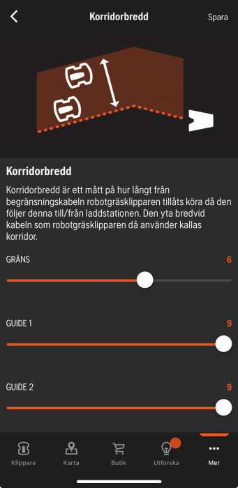Inställningsskärm för robotgräsklippare med justering av korridorbredd mellan gräns och guidekabel upp till 9 enheter.