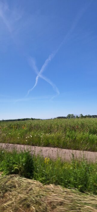 Blå himmel med korsande kondensstrimmor, stor äng med vildblommor och en grusväg i förgrunden.
