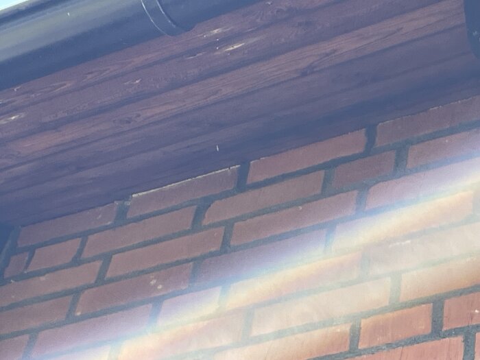 Takutsprång med skruvar som sticker ut, rött tegeltak, byggd delvis av röd tegelvägg, solljus skapar regnbågseffekt över bilden.