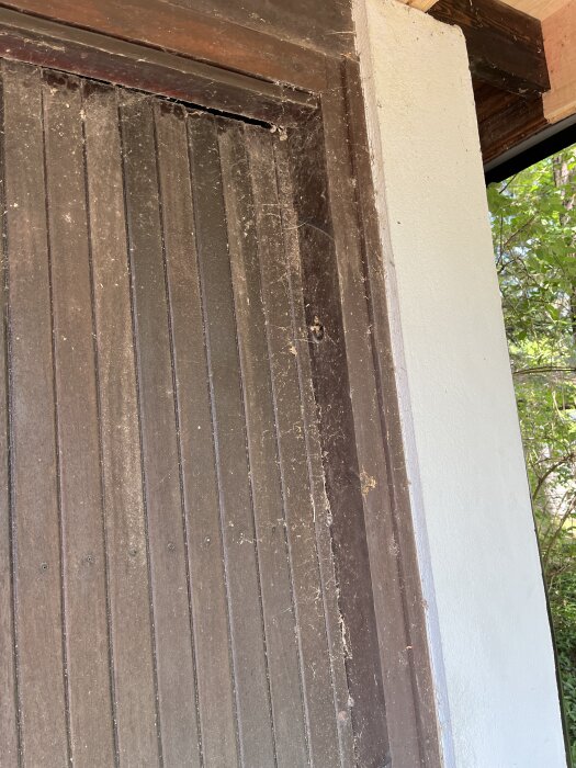 Träcarport med spindelnät och smuts på dörrarna, tecken på försummelse. Träet ser torrt ut.