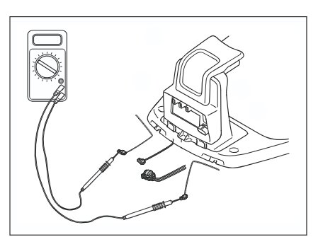 Multimeter inställd för resistansmätning med mätpinnar anslutna till koppartrådar vid laddare.