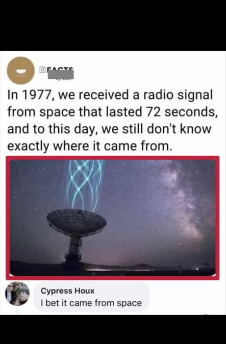 Radioteleskop under stjärnhimmel med ljusstrålar och text om mottagen radiosignal från rymden 1977 vars ursprung är okänt.