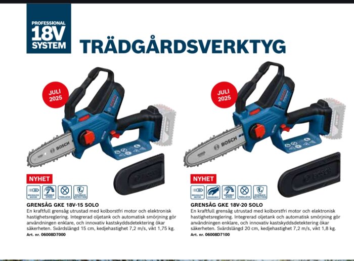 Två Bosch grensågar, modeller GKE 18V-15 Solo och GKE 18V-20 Solo, med sladdfria design och nyheter markerade för juli 2025.