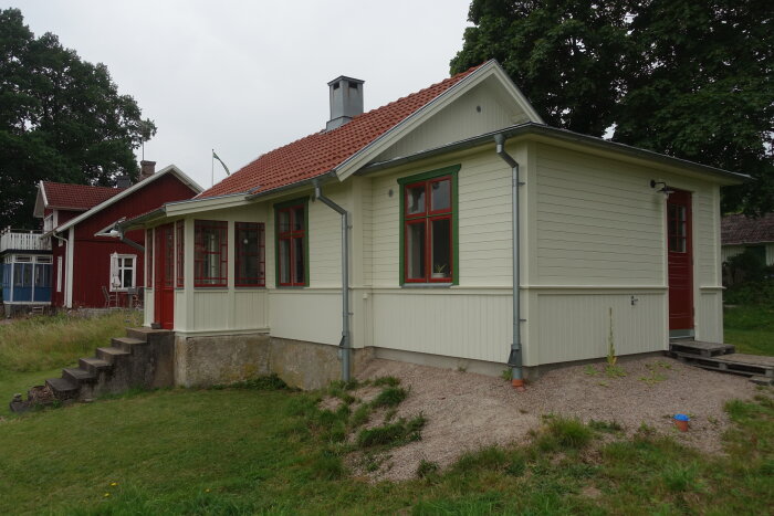 Gult hus i trä med rött tak och fönster, stuprör samt singel och gräs runtom. Synliga höjdskillnader och lastpallar vid entrén.