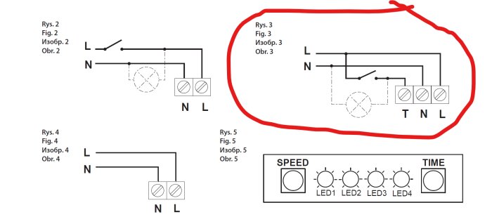Elschema med olika kopplingsalternativ och inkoppling av lampor, markerat område med alternativ för tre termosäkringar märkt T, N, L.