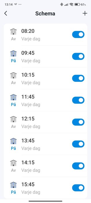 Schema för att sätta på och stänga av varmvattenberedare varje dag: avstängd kl 08:20, på kl 09:45, av kl 10:15, på kl 11:45 osv.
