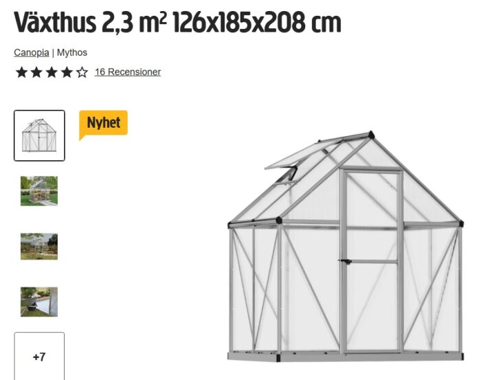 Växthus 2,3 m² med måtten 126x185x208 cm, nyhet från Canopia Mythos, visar aluminiumram och genomskinliga paneler.