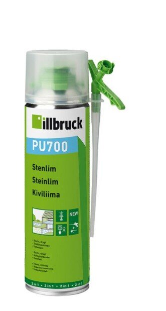 Illbruck PU700 stenlim i grön och vit sprayflaska med text om användning för att limma sten och betong.