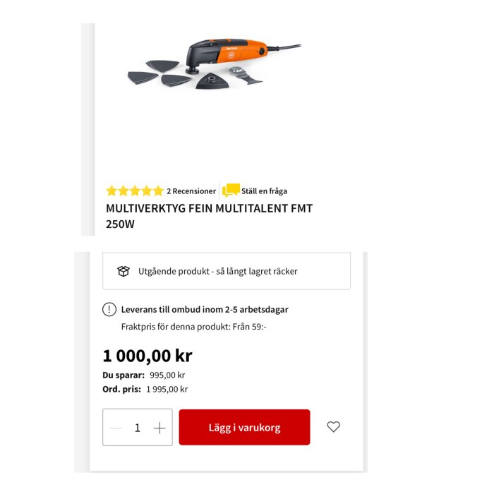 Multiverktyg Fein Multitalent FMT 250W i orange med tillbehör, säljs hos Bauhaus för 1 000 kr. Leveransinformation och köpknapp syns.