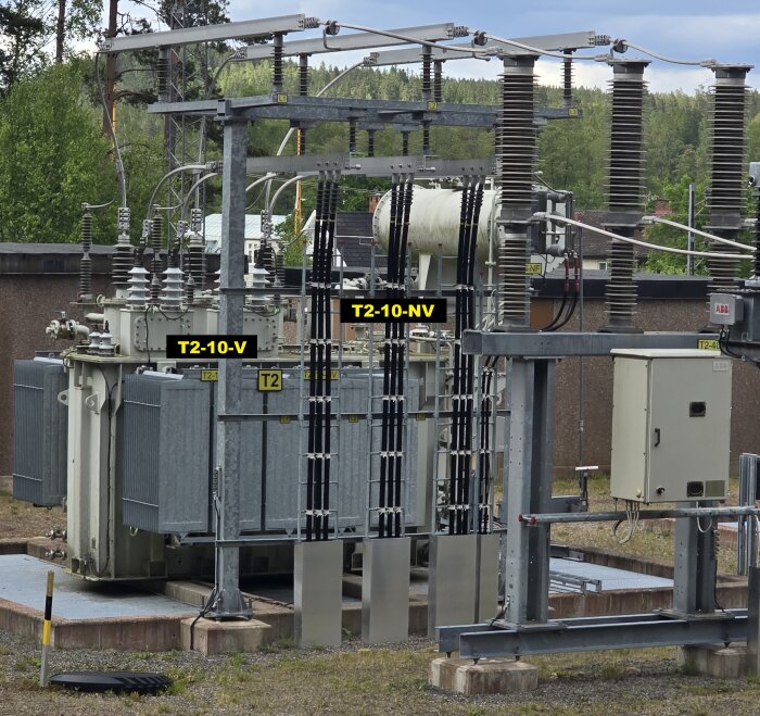 Transformatorstation med T2-10-V och T2-10-NV anslutningar på en 10 kV sida, visande kabelförbindelser och skyddsutrustning i utomhusmiljö.