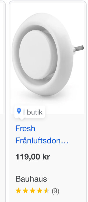 Frånluftsdon från Bauhaus, vit cirkulär design med tre fästar och pris 119 kr.