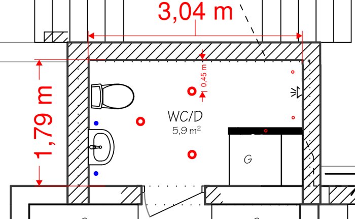 Planskiss över ett badrum med förslag på belysning i triangelform, visar placering av toalett och vask.