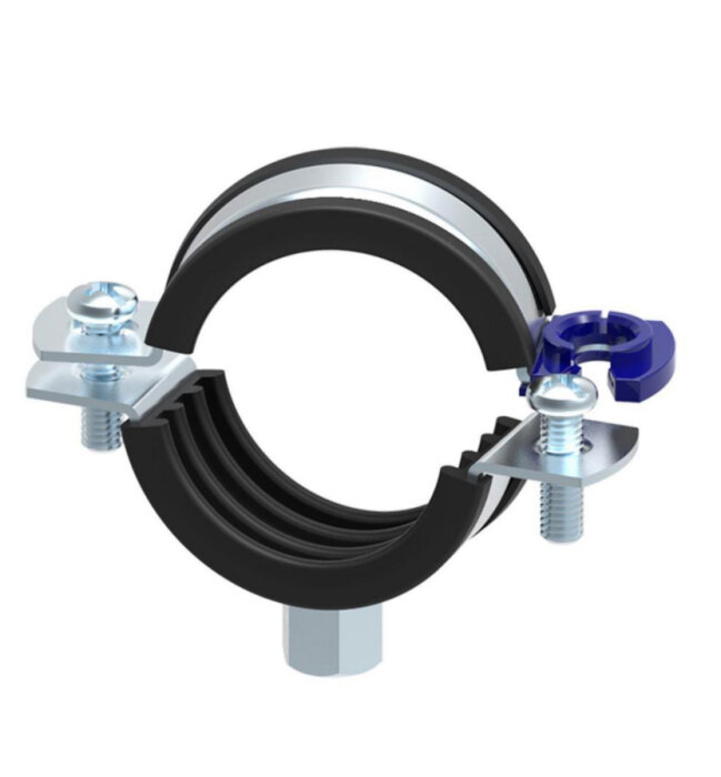 Gummiklädd klammer med maskingänga och skruvstift, idealisk för byggprojekt.