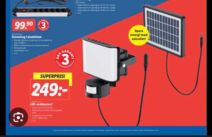 LED-strålkastare från Lidl med solcellspanel, systempris 249 kr, 3 års garanti. Sensorstyrd och vädertålig med integrerat Li-Ion-batteri.