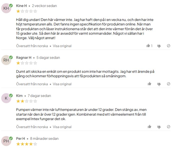 Inlägg med recensioner av en värmepump, huvudklagomålet är att den bara fungerar vid temperaturer över 15 grader, vilket kritiseras av användarna.