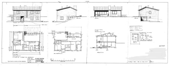 Arkitektritning av ett Anebyhus från 1965, i souterräng med tegelfasad, visande olika perspektiv och planlösningar.