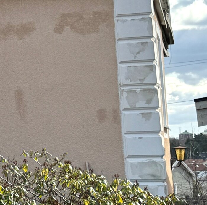 Fasad med gammal puts och renoverade områden, huset har detaljer i relief och är delvis ommålat; buskar syns framför byggnaden.