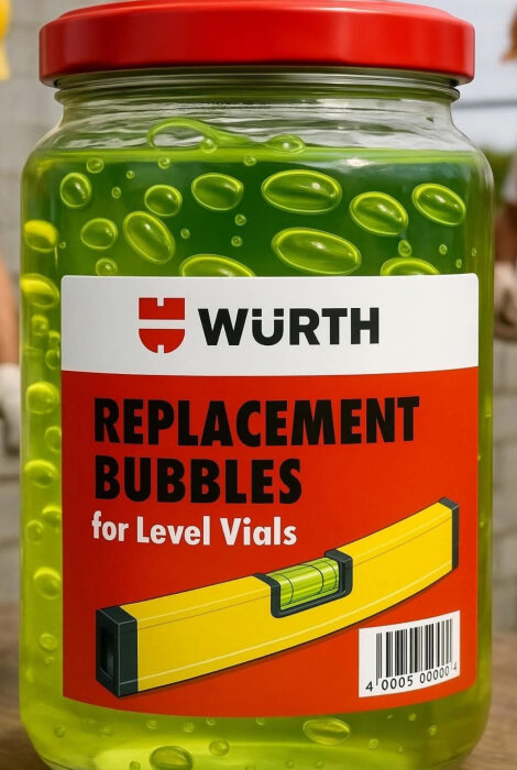 Behållare med ersättningsbubblor för vattenpass, märkt Würth, med grön vätska och röda lock.