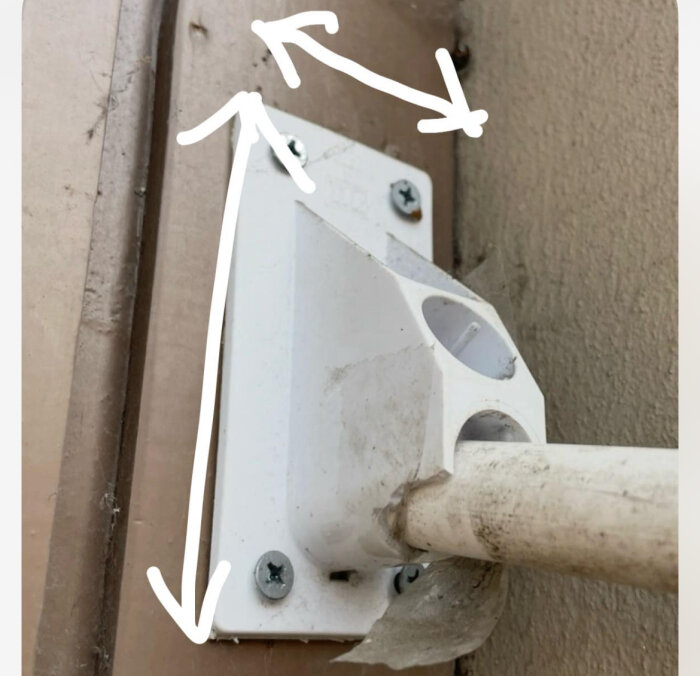 Vitt väggfäste för flaggstång med 90 graders vinkel, fäst mot en vägg. Det finns två skruvar och några pilar som pekar vid fästet.