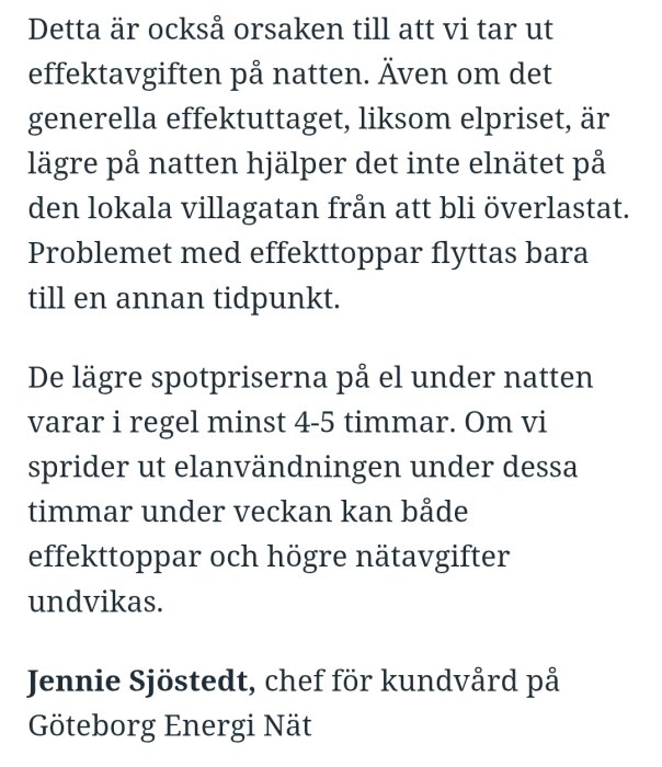 Text om effektavgifter och elpriser på natten från Jennie Sjöstedt, chef för kundvård på Göteborg Energi Nät.