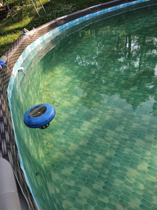 Grönfärgad pool med hexagonalt mönstrad botten, en blå flytande enhet synlig, grumligt vatten med mörk bottenfärg.